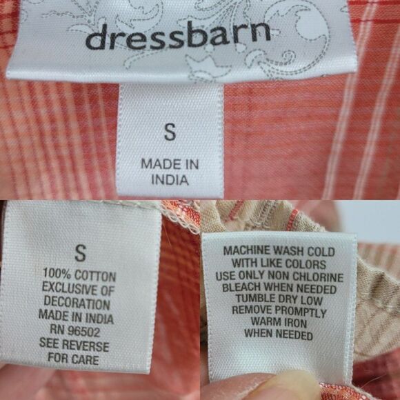 Dress Barn Lightweight Roll Tab Sleeve Blouse S Peach Coral Plaid Button India - Picture 4 of 15